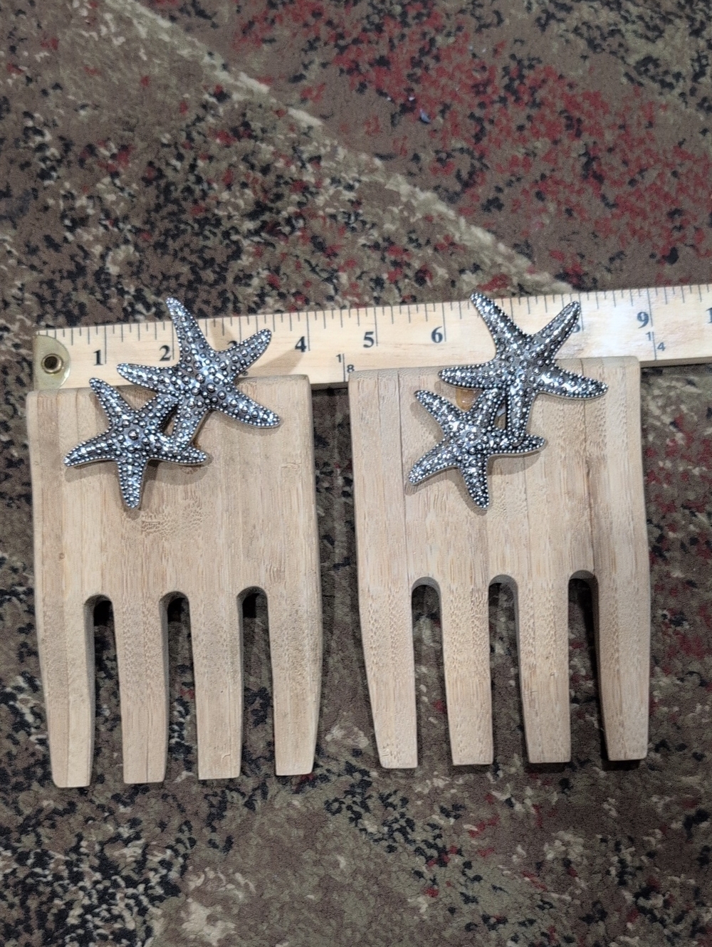 Decorative Starfish  Salad Forks - Silver Starfish on Natural Wood